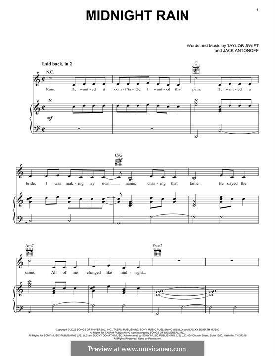 Midnight Rain (Taylor Swift): For voice and piano (or guitar) by Jack Antonoff