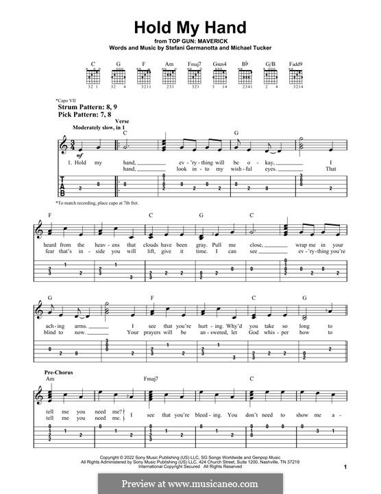 Hold My Hand (from Top Gun: Maverick) Lady Gaga: For guitar with tab by Stefani Germanotta, Michael Tucker