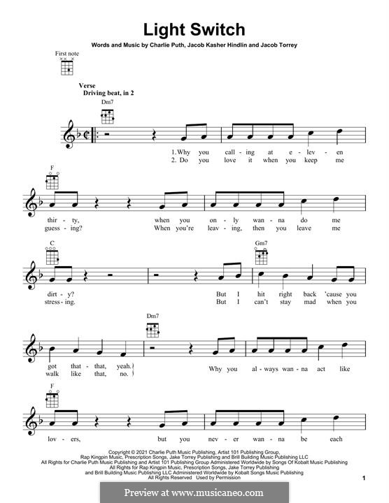 Light Switch (Charlie Puth): For ukulele by Jacob Kasher Hindlin