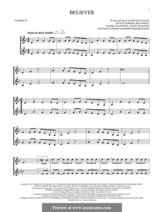 Believer (Imagine Dragons): For two clarinets by Benjamin McKee, Daniel Reynolds, Daniel Sermon, Daniel Platzman