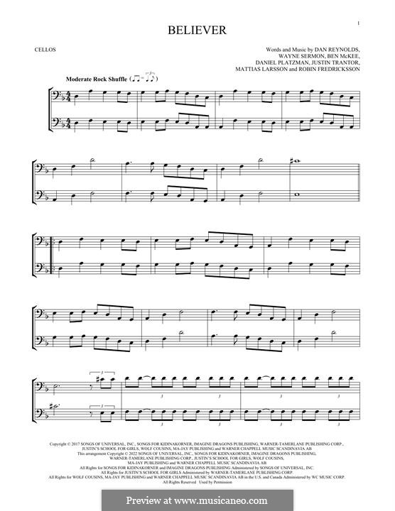 Believer (Imagine Dragons): For two cellos by Benjamin McKee, Daniel Reynolds, Daniel Sermon, Daniel Platzman