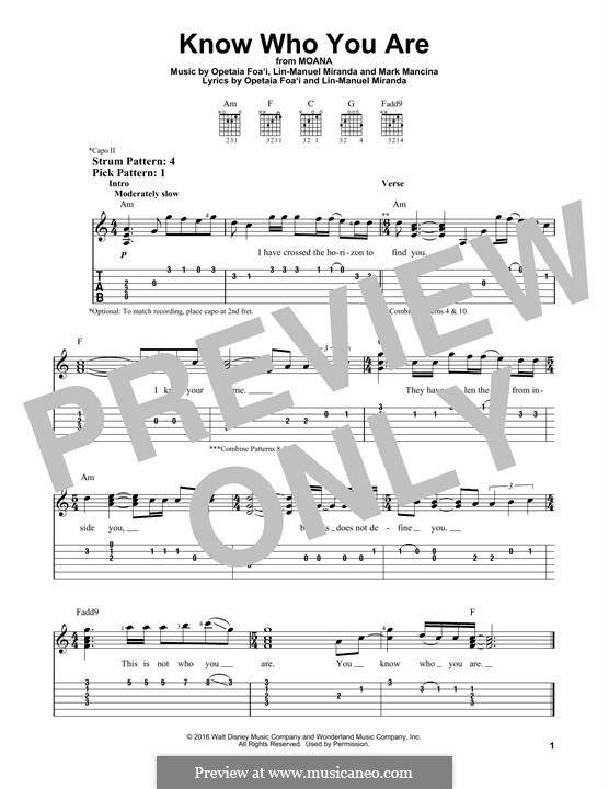 Know Who You Are: For guitar with tab by Lin-Manuel Miranda, Mark Mancina, Opetaia Foa'i