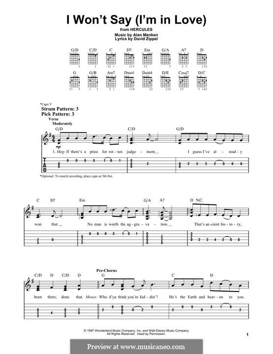 I Won't Say (I'm in Love) from Hercules: For guitar with tab by Alan Menken