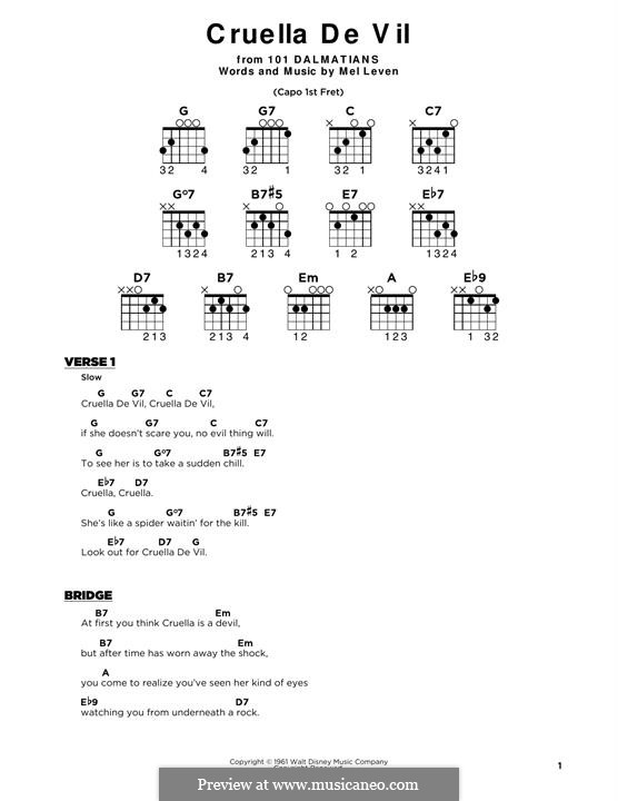 Cruella de Vil (from 101 Dalmatians): Lyrics and guitar chords by Mel Leven