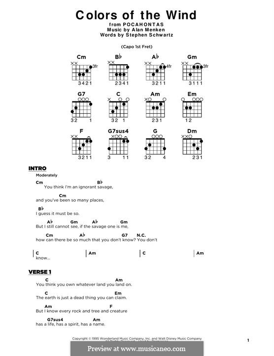 Colors of the Wind (from Pocahontas): Lyrics and guitar chords by Alan Menken