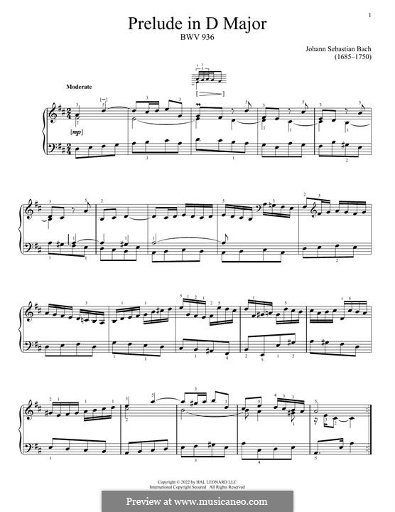 Prelude No.4 in D Major, BWV 936: For piano by Johann Sebastian Bach