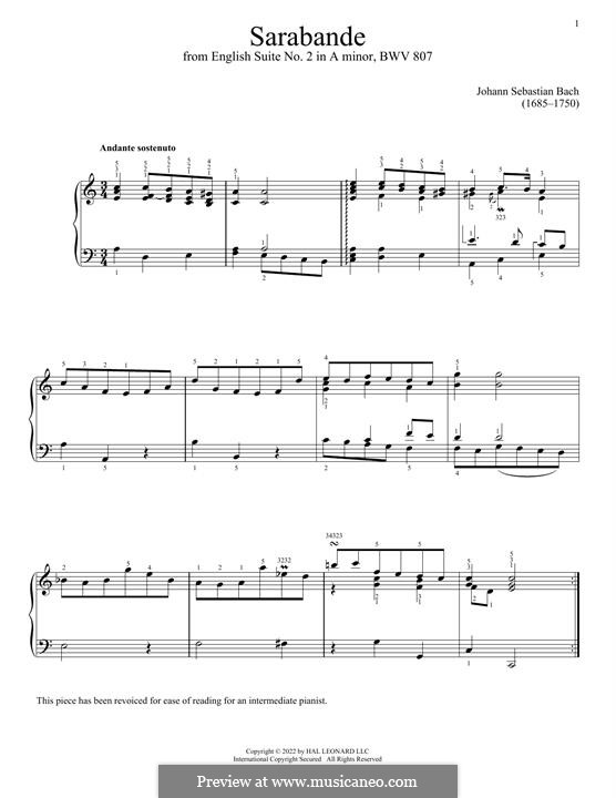 Suite No.2 in A Minor, BWV 807: Sarabande, for piano by Johann Sebastian Bach