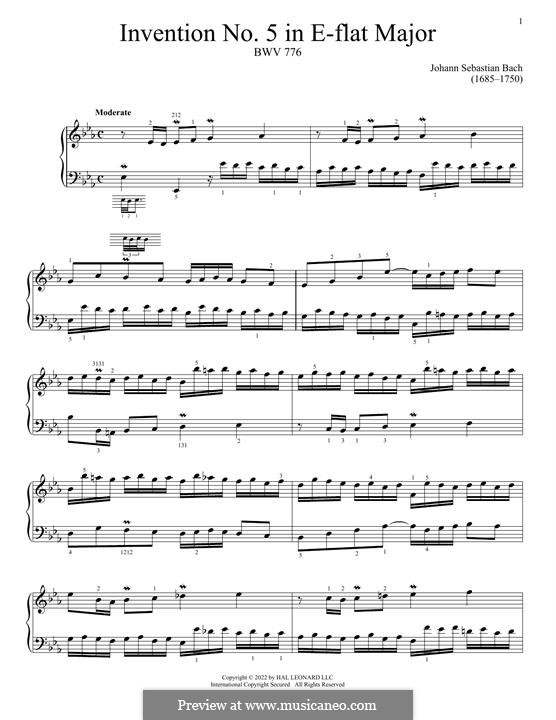 No.5 in E Flat Major, BWV 776: For piano by Johann Sebastian Bach