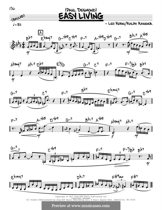 Easy Living (Billie Holiday): Melody line (solo only) by Leo Robin, Ralph Rainger