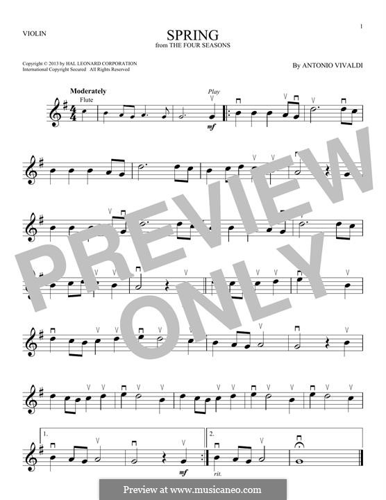 Violin Concerto No.1 in E Major 'La primavera' (Printable Scores), RV 269: Movement I (Theme), for violin by Antonio Vivaldi