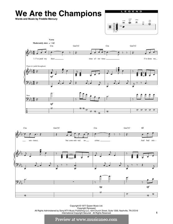 We are the Champions (Queen): Transcribed score by Freddie Mercury