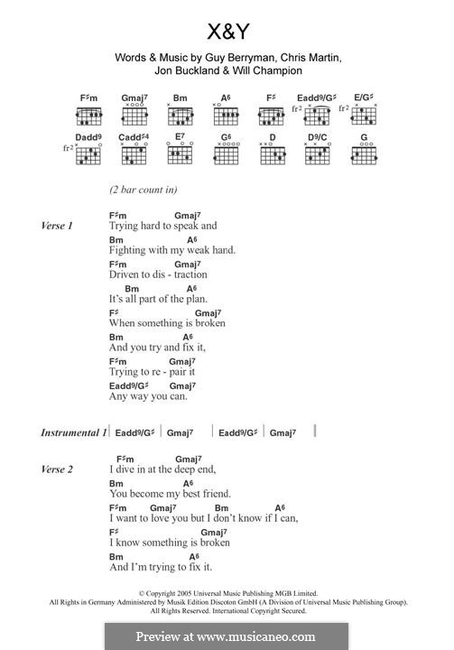 X&Y (Coldplay): Lyrics and guitar chords by Chris Martin, Guy Berryman, Jonny Buckland, Will Champion