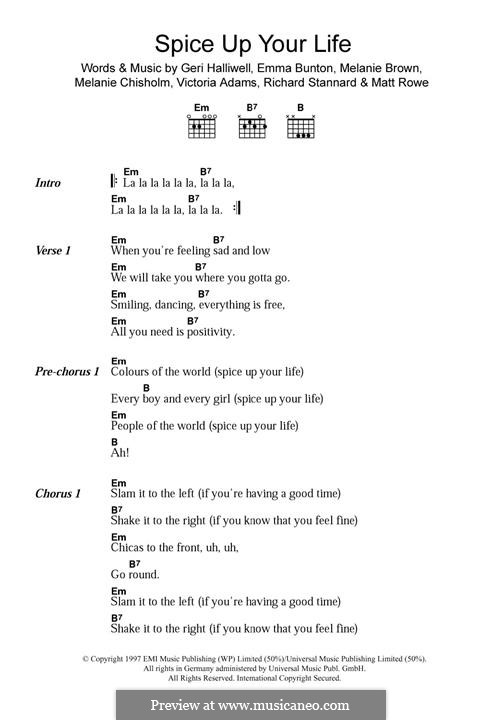 Spice Up Your Life (The Spice Girls): Lyrics and guitar chords by Emma Bunton, Geri Halliwell, Matt Rowe, Melanie Brown, Melanie C, Richard Stannard, Victoria Adams