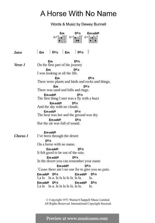 A Horse with No Name (America): Lyrics and chords by Dewey Bunnell