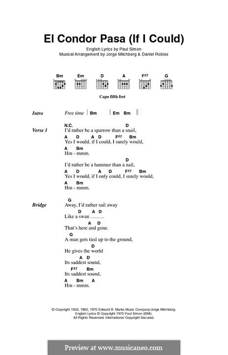 El Cóndor Pasa: Lyrics and guitar chords by Daniel Alomía Robles