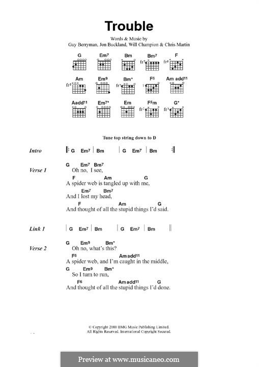 Trouble (Coldplay): Lyrics and guitar chords by Chris Martin, Guy Berryman, Jonny Buckland, Will Champion