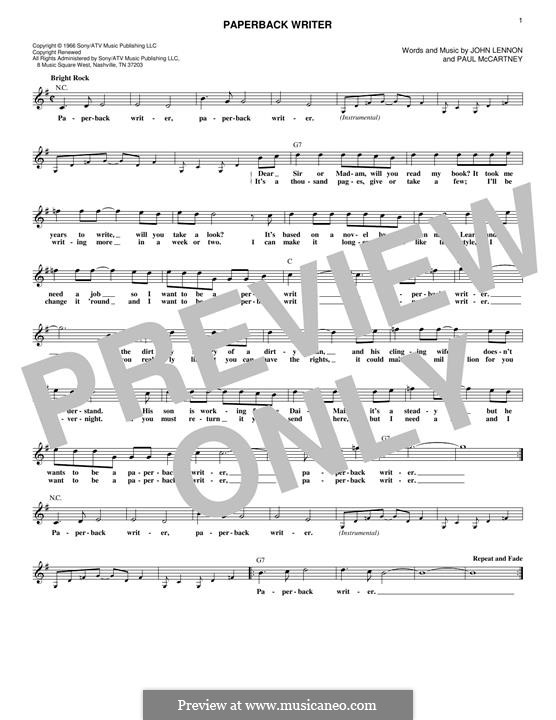 Paperback Writer (The Beatles): For keyboard by John Lennon, Paul McCartney