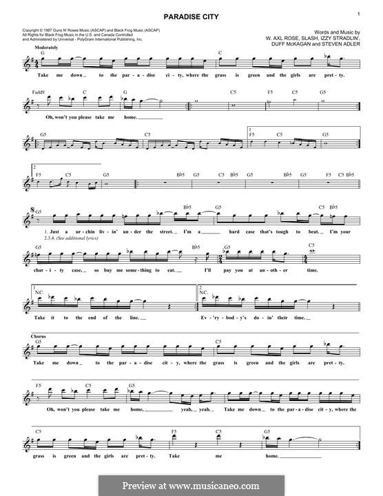 Paradise City (Guns N' Roses): For keyboard by Slash, W. Axl Rose, Duff McKagan, Izzy Stradlin, Steven Adler