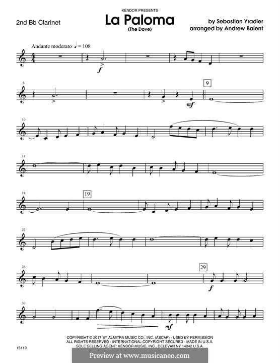 La Paloma (The Dove): For clarinets – 2nd Bb Clarinet part by Sebastián Yradier