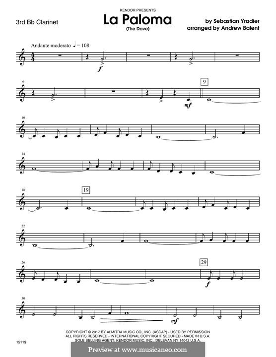 La Paloma (The Dove): For clarinets – 3rd Bb Clarinet part by Sebastián Yradier