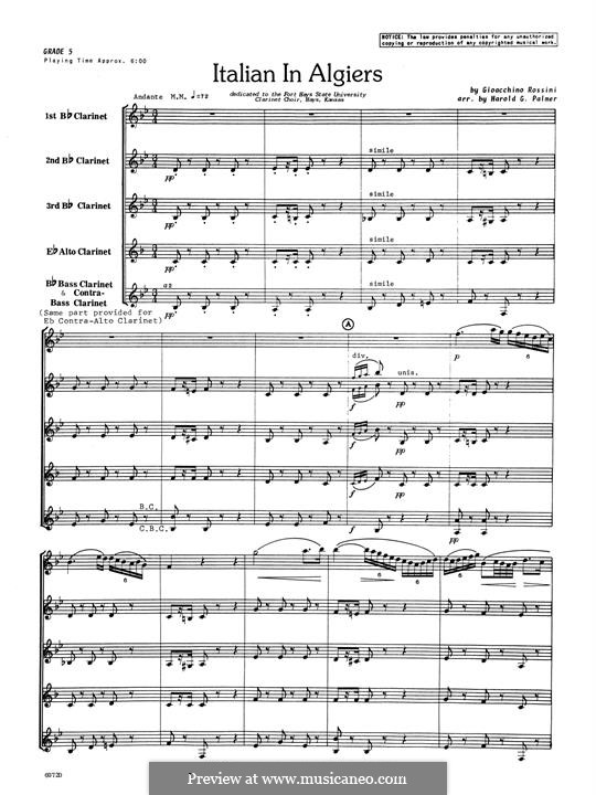 L'italiana in Algeri (The Italian Girl in Algiers): Andante, for clarinet quartet – full score by Gioacchino Rossini