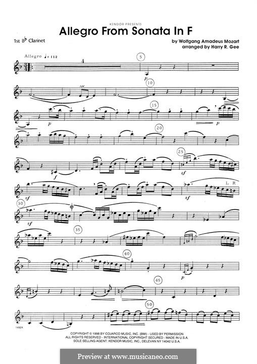 Allegro from Sonata In F: 1st Bb Clarinet part by Wolfgang Amadeus Mozart