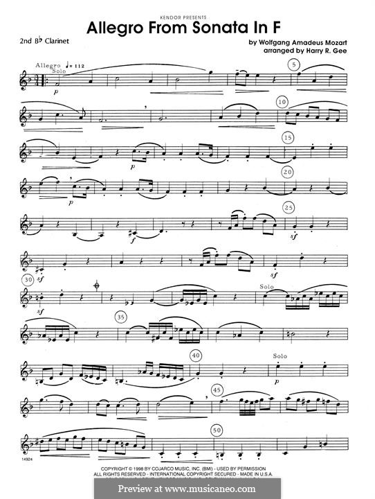 Allegro from Sonata In F: 2nd Bb Clarinet part by Wolfgang Amadeus Mozart