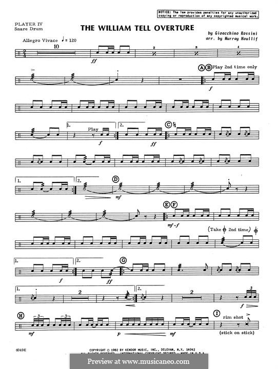 Overture (Printable Scores): Percussion 4 part by Gioacchino Rossini
