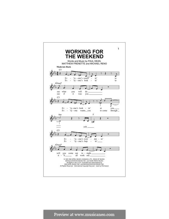 Working for the Weekend (Loverboy): For keyboard by Matthew Frenette, Michael Reno, Paul Dean