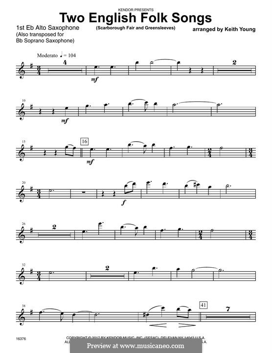 Two English Folk Songs (Scarborough Fair and Greensleeves): 1st Eb Alto Saxophone part by folklore