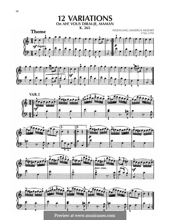 Twelve Variations on 'Ah vous dirais-je, Maman', K.265/300e: For piano by Wolfgang Amadeus Mozart