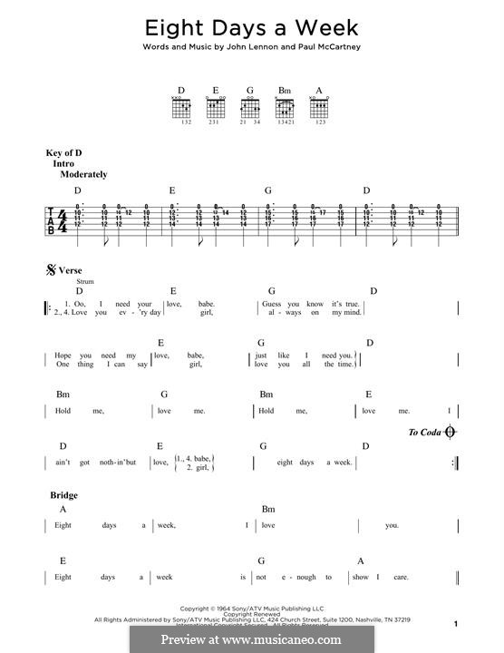 Eight Days a Week (The Beatles): For guitar by John Lennon, Paul McCartney