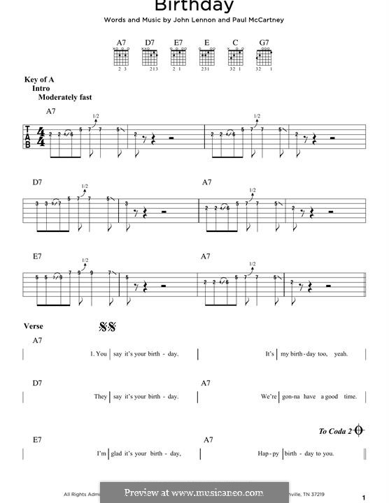 Birthday (The Beatles): For guitar by John Lennon, Paul McCartney