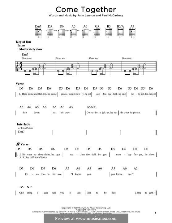 Come Together (The Beatles) instrumental version: For guitar by John Lennon, Paul McCartney