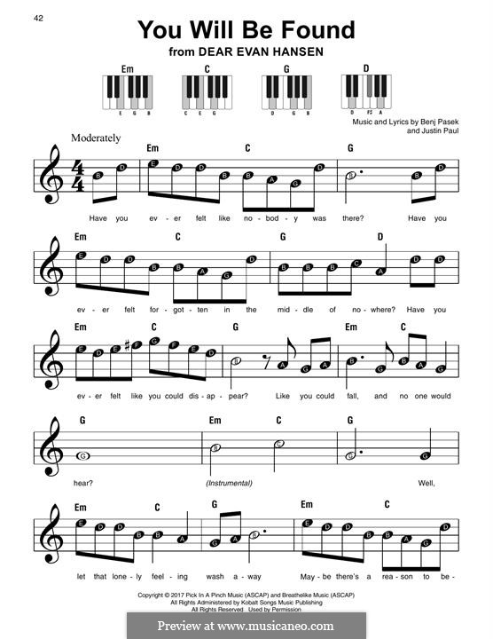 You Will Be Found (from Dear Evan Hansen): For easy piano by Justin Paul, Benj Pasek
