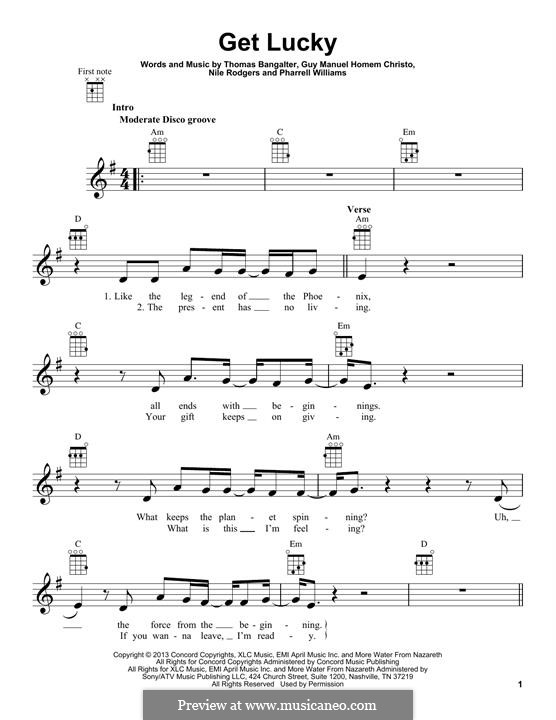 Get Lucky (Daft Punk featuring Pharrell Williams): For ukulele by Nile Rodgers, Pharrell Williams, Thomas Bangalter, Guy-Manuel de Homem-Christo