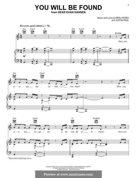 You Will Be Found (from Dear Evan Hansen): For voice and piano (or guitar) by Justin Paul, Benj Pasek