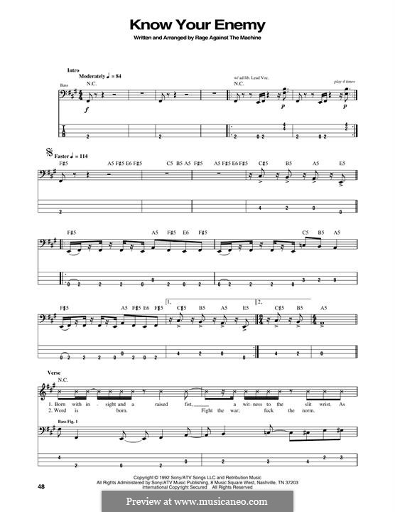 Know Your Enemy: For bass guitar with tab by Rage Against The Machine