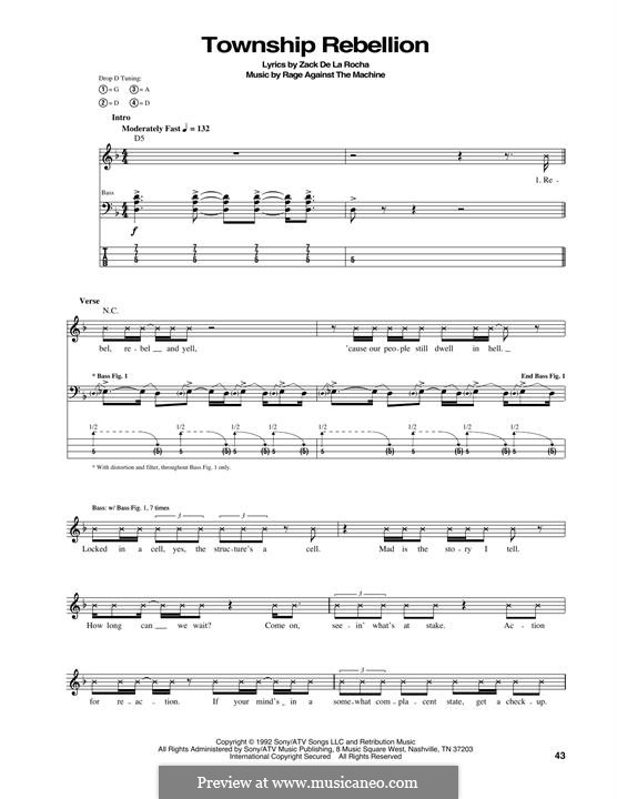 Township Rebellion: For bass guitar with tab by Rage Against The Machine