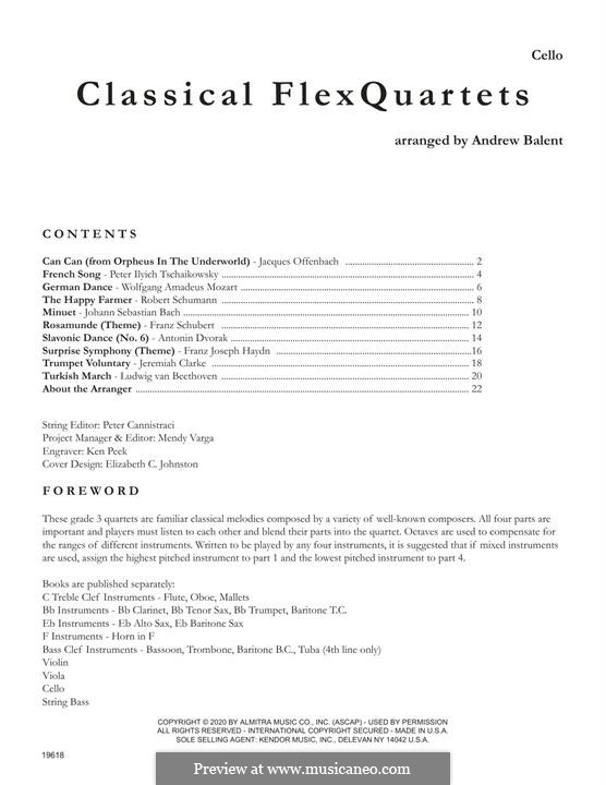 Classical Flexquartets (Various): Cello part by Johann Sebastian Bach, Wolfgang Amadeus Mozart, Jacques Offenbach, Robert Schumann, Pyotr Tchaikovsky