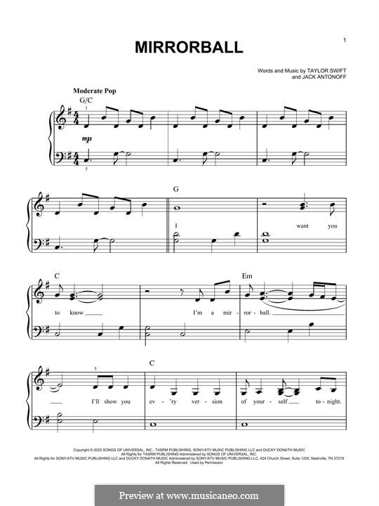 Mirrorball (Taylor Swift): For easy piano by Jack Antonoff