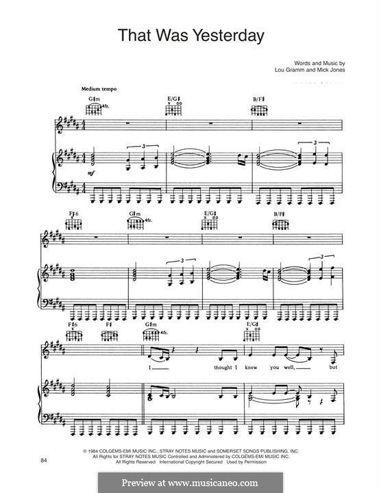 That Was Yesterday (Foreigner): For voice and piano (or guitar) by Lou Gramm, Mick Jones
