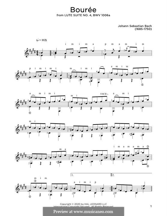 Suite for Lute in E Major, BWV 1006a: Bouree, for guitar by Johann Sebastian Bach