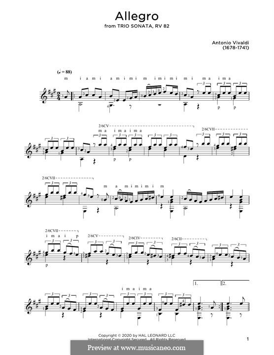 Violin Concerto No.1 in E Major 'La primavera' (Printable Scores), RV 269: Movement 1 Allegro, for guitar by Antonio Vivaldi