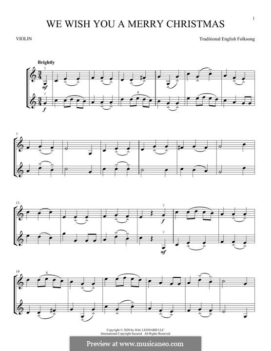 We Wish You a Merry Christmas (Printable Scores): For two violins by folklore