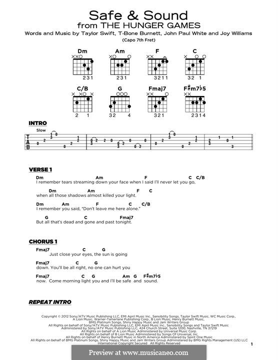 Safe and Sound (Taylor Swift feat. The Civil Wars): Lyrics and guitar chords by John Paul White, Joy Williams, T-Bone Burnett, Taylor Swift