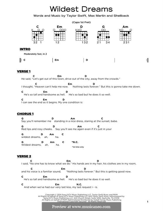 Wildest Dreams: Lyrics and guitar chords by Shellback, Max Martin, Taylor Swift