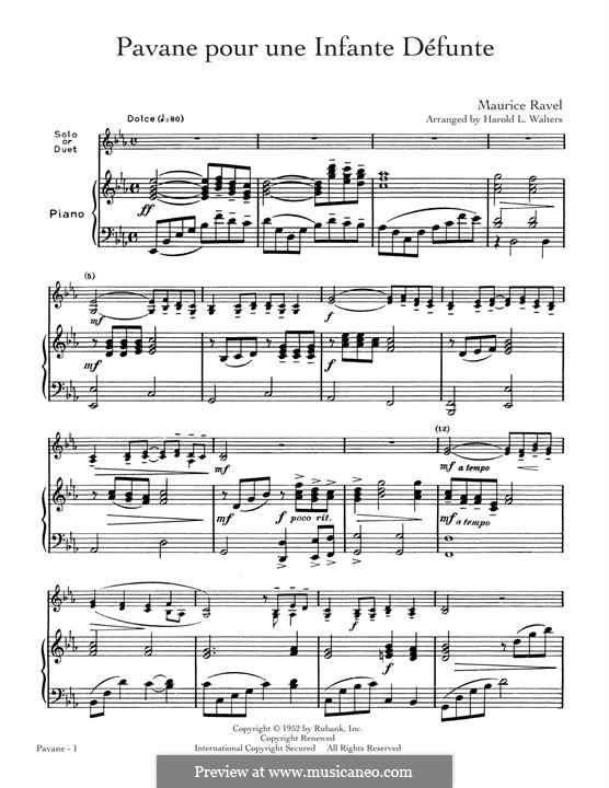 Pavane pour une infante défunte (Pavane for a Dead Princess), M.19: For clarinet and piano by Maurice Ravel