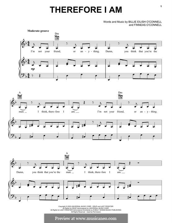 Therefore I Am (Billie Eilish): For voice and piano (or guitar) by Finneas O'Connell