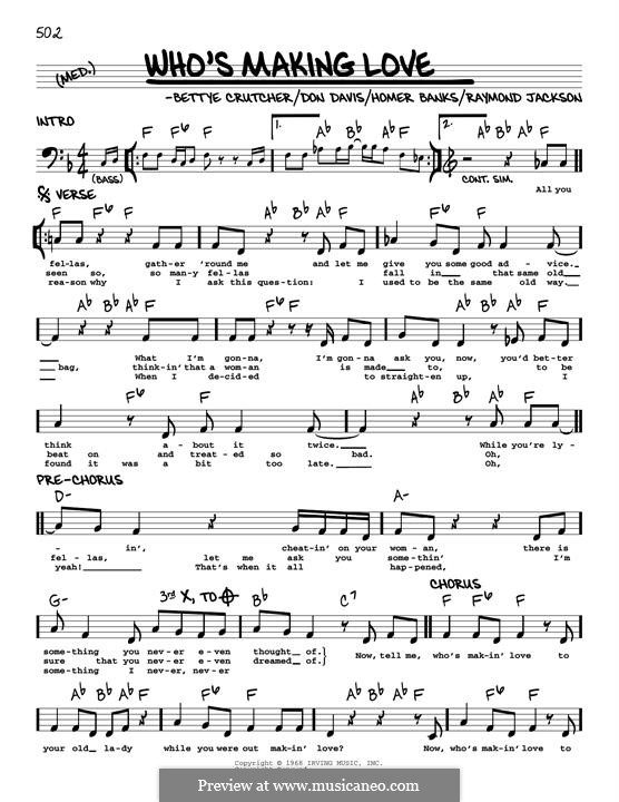 Who's Making Love (Johnnie Taylor): Melody line by Bettye Jean Barnes Crutcher, Don Davis, Homer Banks, Raymond Jackson